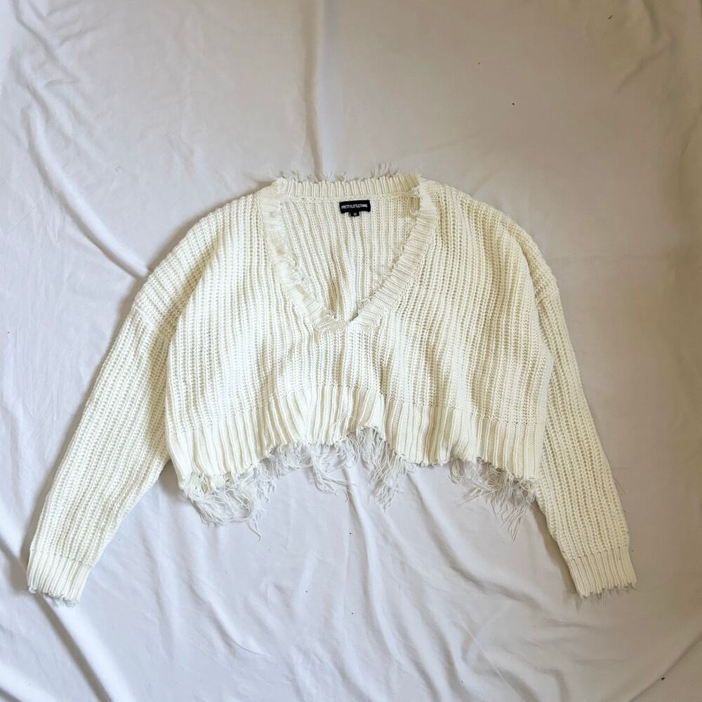 ivory off white cropped distressed v-neck medium weight cropped sweater